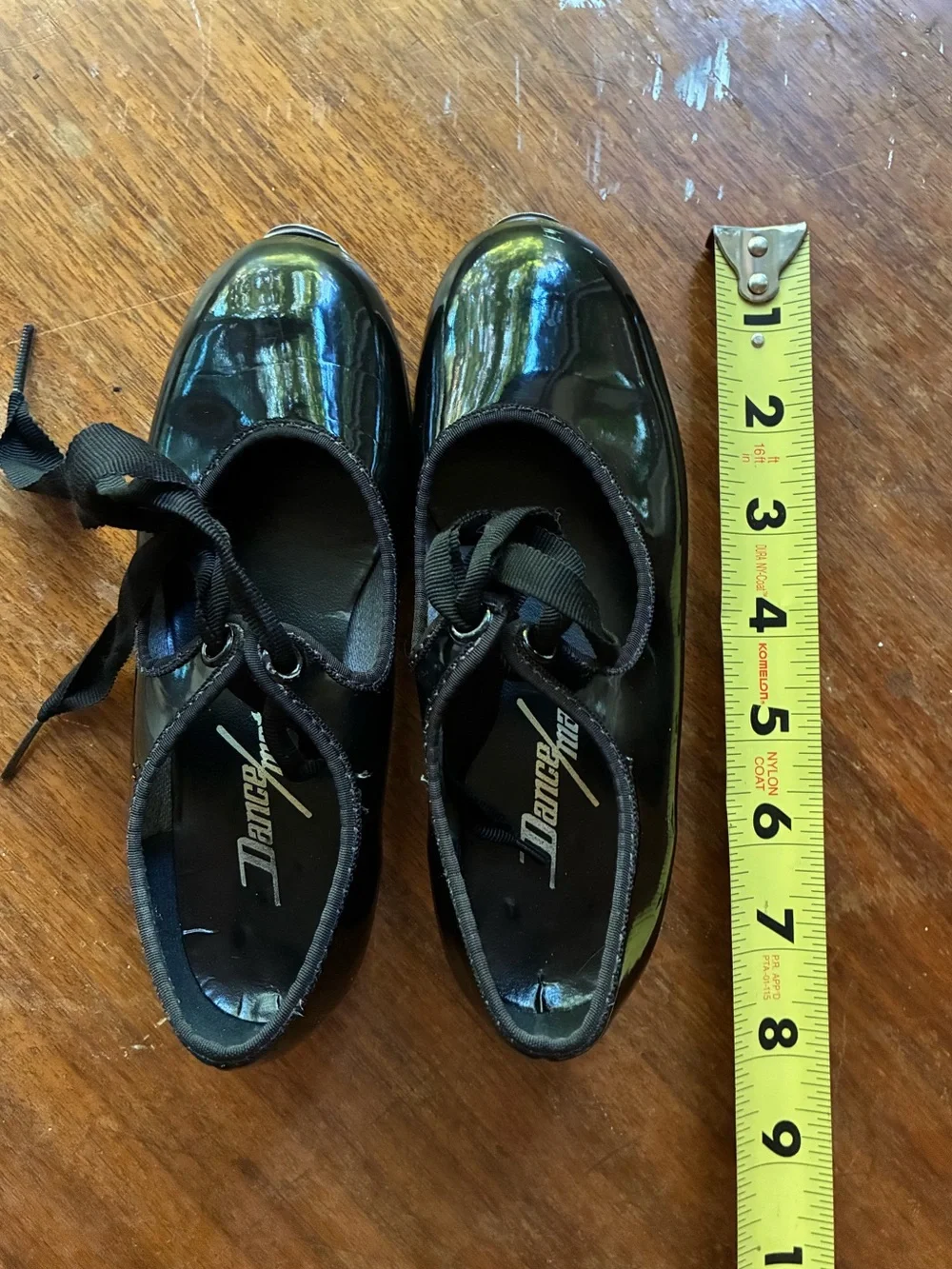 Vintage Dance Mate Kids Black Patent Leather Tap Shoes with Ribbon Laces